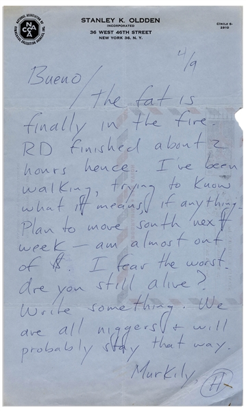Hunter S. Thompson Autograph Letter Signed After Just Completing His Novel ''The Rum Diary'' -- ''...The fat is finally in the fire. RD finished about 2 hours hence...We are all n******...''
